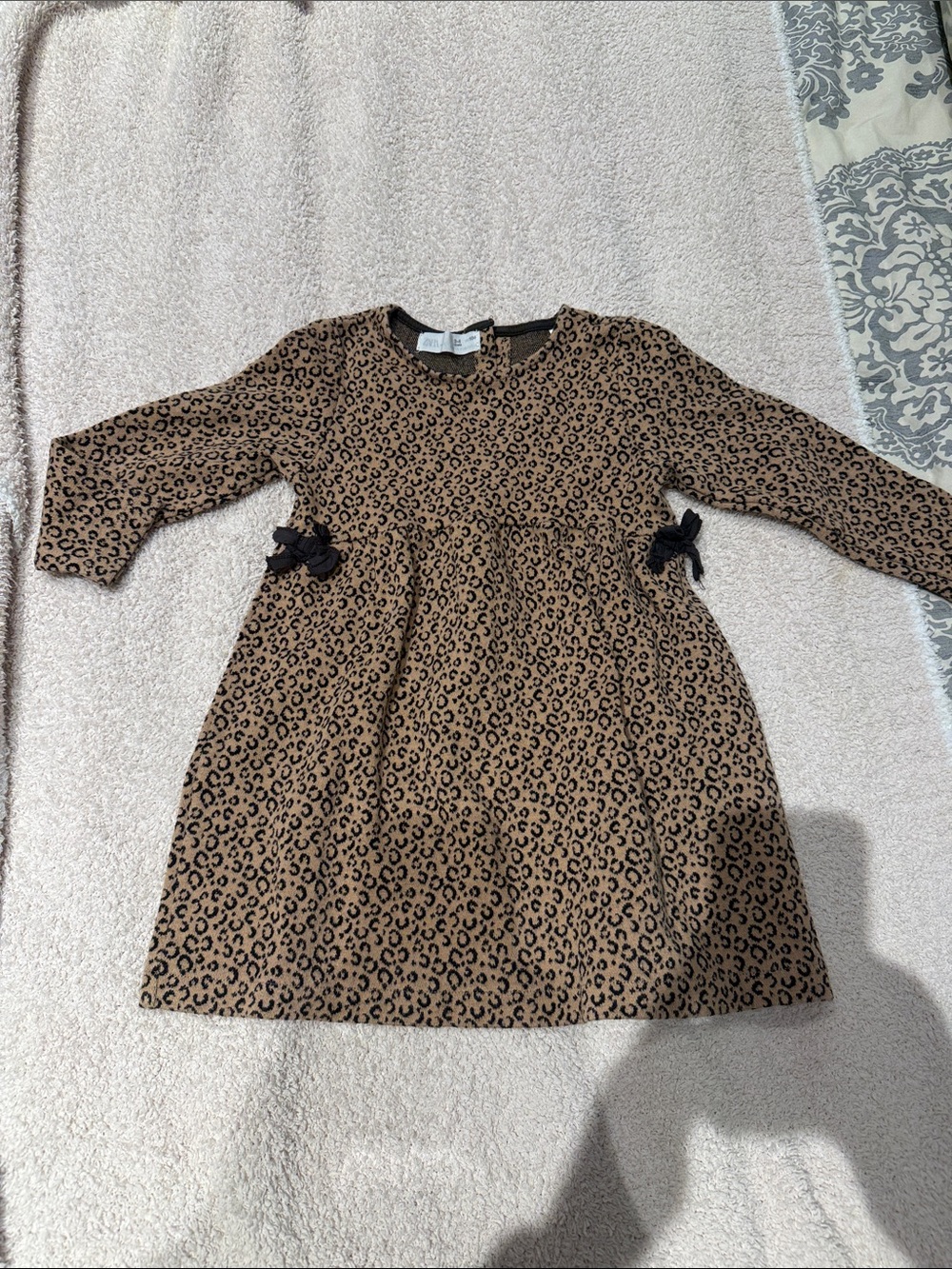 Zara Brown Leopard-Print Long Sleeve Dress with Black Bows